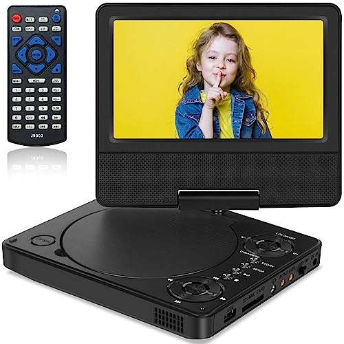 9.5 Portable DVD Player with 7.5 Swivel Display Screen, 5-Hour Built-in Rechargeable Battery, Car DVD Player for Kids and Car, Dual Speakers, Sync TV, Support SD Card/USB/Disc Regions Free