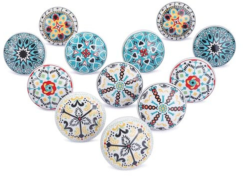 Ajuny Lot de 12 Boutons en Céramique pour Armoires Tiroirs Commode Placard Meubles Décoratifs Colorés pour Salle de Bain Cuisine - Multicolore