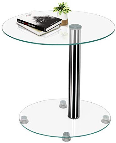 AxisFurn Beistelltisch C Form, Couchtisch Glas, Kleiner Sofatisch mit 2 Ablagen, Kaffeetisch schmal, Hartglas durchsichtig rund, Stahlbeinen und 4 verstellbare Füße, für Wohnzimmer (Ellipsen)