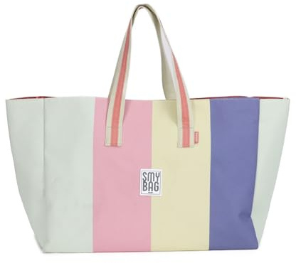 Ponette - Bolsa de Playa Familiar XXL de Rayas Anchas Multicolor con Asas Celeste y Crudo, Forro, Bolsillo, Cintas para Cierre, Playa, Piscina, Tote, Marca Española