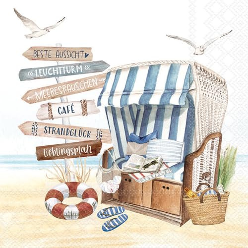 20 servilletas de papel con diseño marítimo para silla de playa como decoración de mesa. Servilletas de papel con diseño. También para decoupage y decoupage y decoupage (33 x 33 cm)