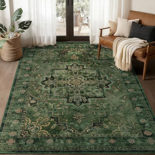 Jainmy Vintage Dark Green Area Rugs 5x7 for Living Room, Tranditional Distressed Medallion Printed Low Pile Thin Rugs for Bedroom, Non Slip Washable Carpet Rugs for Dining Room/Kitchen/Home Office