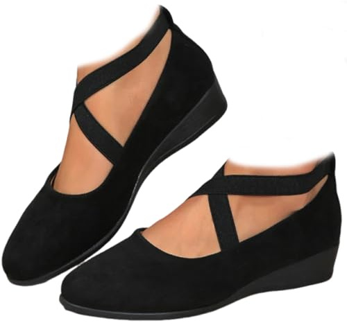 Whimsyard Elegantes bailarinas de tacón bajo de cuña y correa elástica, bailarinas ortopédicas cerradas de ante con soporte de arco para mujer, Negro , 40 EU