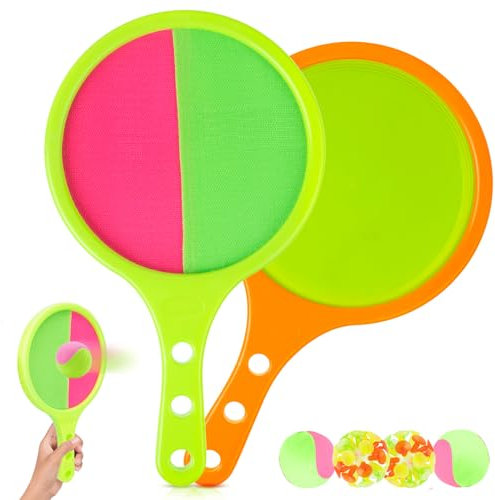 Smilfree Klettballspiel Strandspielzeug Kinder Garten Spiele: Klettspiel Set mit 2 Schlägern & 4 Bällen, Wurfspiel für Draußen Outdoorspiele ab 3 Jahren