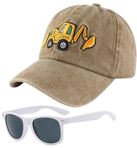 Escavatore Cappello da Baseball per Bambini, 2PCS Cappellino Estivo Occhiali da Sole Set Berretto Visiera Cappellino da Baseball Hat da Sole Cappello Regolabile Berretto di Protezione Solare (Cachi)