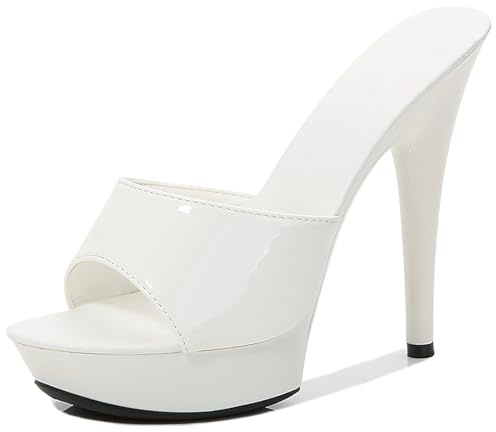 QEOSNBX Women Fish Mouth Sky High Heel Platform Sexy Party Slides Round Open Toe Slip On High Heeled Backless Prom Sandals Fashion Stiletto Dress Bridal Evening Shoes (White,10)