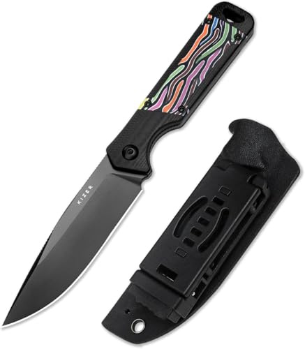 Kizer Militaw Couteau à Lame Fixe avec Étui, Couteaux de Camping à Lame D2 de 9,7 cm avec Manche G10 Multicolore, Couteau EDC Couteaux de Randonnée et de Survie en Plein Air 1067M2