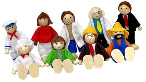 Qsvbeeqj Muñecas interactivas familiares de madera para niños de aprendizaje y desarrollo de habilidades sociales muñeca de madera y poliéster con miembros móviles familia de muñecas