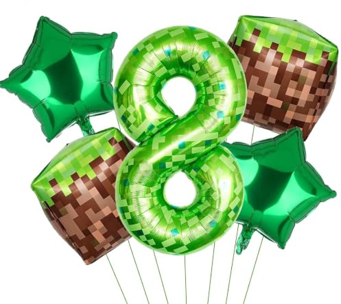 DazzJoy Pixel födelsedagsdekoration 8 år pojke, Pixel Miner luftballong 8. födelsedag pojke, Pixelballong 8 födelsedag pojke, Pixelmönster 100 cm luftballongar siffra 8 grön för