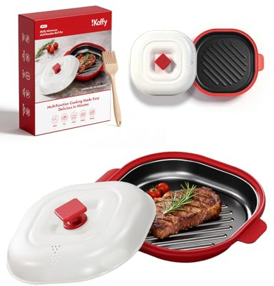 iKoffy Microwave Grill Pan - Get Real Grill Marks in 5 Minutes, Multi-Cooker (Bake/Fry/Steam) for Steak, Bacon & Veggies. Nonstick, Dishwasher Safe for RV/Dorm/Office Use, Includes Brush