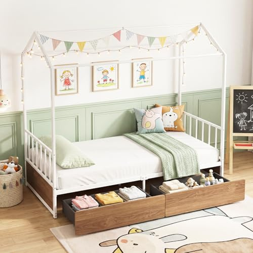 COSTWAY Kids Bed Frame, 3FT Single Size House Bed with Roof, 2 Drawers, Headboard & Footboard, Children's Metal Floor Platform Bed for Boys Girls, No Box Spring Needed (White+Natural)