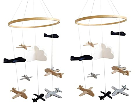 Jnchdghwa 2X Crib Mobile Airplanes & Cloud Nursery Decoration Grey and White, Navy Blue, Tan Baby Crib Mobile for Boys