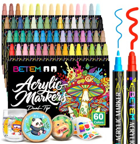 Betem 60 Colores Rotuladores Acrilicos Doble Punta, Marcadores Acrílicos para Pintar Piedras, Tela, Madera, Lienzo, Cerámica, Graffiti, Vidrio, Rotuladores Lettering para Artesanías