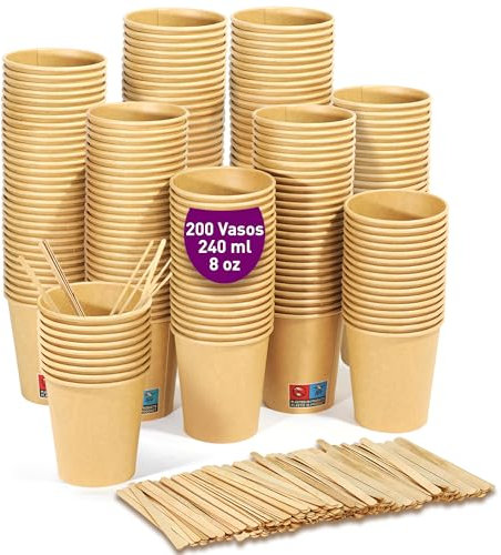 200 vasos desechables kraft de 240 ml / 8 oz, vasos de cartón kraft desechables con paletinas de madera para café americano, café con leche y refrescos. Para llevar