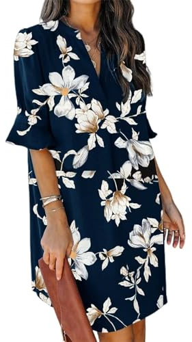 QACOHU Casual Dresses for Women Blue Dress with White Flowers Ruffle Sleeves V-Neck Straight Fit Dress Blue Flower XL