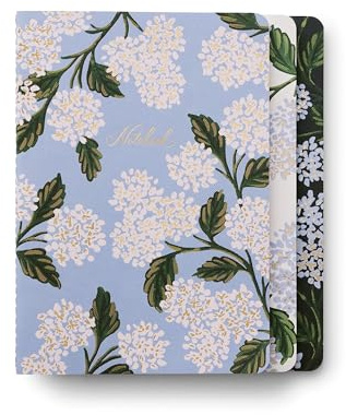RIFLE PAPER CO. Stitched Notebook Set, 3-Pack Lined Journals with Canvas Paper Cover, Gold Foil Accents & 64 White Ruled Pages, Lay Flat Design | Hydrangea Pattern