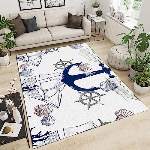 TEMLAN Marineblauer Seeanker Teppiche Gegend, Ozean-Seestern-Shell Dekorativer Teppich für Wohnzimmer, Schlafzimmer, Esszimmer Badezimmer Küche Flur Läufer 60 x 120cm