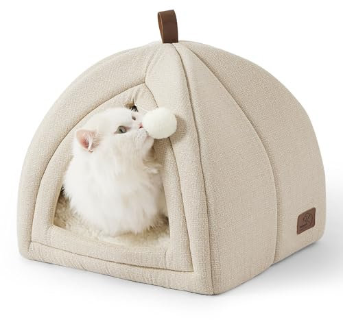 Bedsure Cat Cave Bed Igloo - Cat Tent Bed House with Removable Washable Cushion Pillow Foldable Portable Pet Bed,Beige, 40x40x40cm