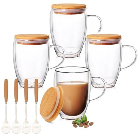 Ulrikco Lot de 4 tasses à café en verre à double paroi de 355 ml avec couvercle/cuillère en bambou, tasses à expresso avec poignée, tasses en verre borosilicate transparent pour boissons chaudes