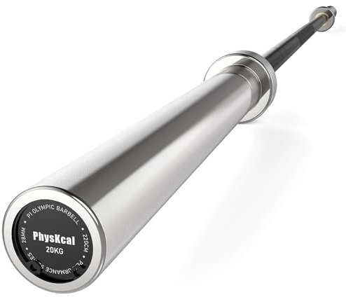 PhysKcal Olympia Langhantelstange 50mm | 20kg, 220cm | Weightlifting und Powerlifting Langhantel Profi Allrounder Langhantel | Helle Hülsen, Schwarzer Schaft