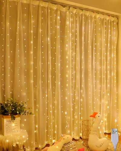 Lichtervorhang Warmweiß 200LED, 2mx2m LED Lichterketten Vorhang, Lichtervorhang innen USB Lichterkette LED Lichterkettenvorhang für Weihnachten Hochzeit Fenster Wand Zimmer Party Deko