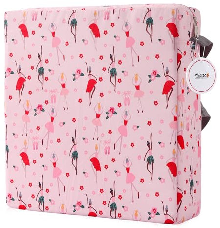 Zicac Sitzerhöhung Stuhl Kind Tragbar Cartoon Sitzkissen Kinder Design, Abnehmbar Waschbar Sitzerhöhung Kinder mit 2 Gurte, Rutschfeste Kindersitzerhöhung für zu Hause Esstisch und Unterwegs (Rosa)