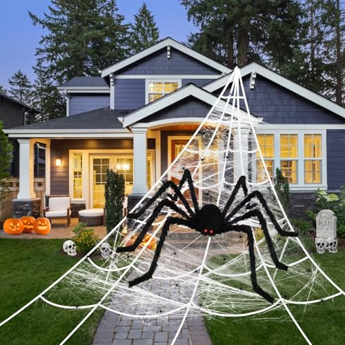 Halloween spindelnät dekorationer, gigantisk form triangel spindelnät + 50 cm svart spindel, halloween dekorationer falsk spindel, inomhus utomhus skrämmande hemsökt hus spindelnät för halloween