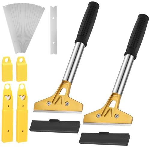 Xialvyu Juego de 2 eliminadores de papel pintado con 20 cuchillas de repuesto y funda, rascador de papel pintado de 4 pulgadas con mango de goma, rasqueta de suelo, rasqueta de ventana, rasqueta de