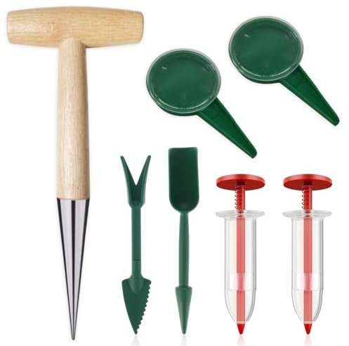 Riisoyu 7 herramientas de plantación de bulbos de flores, plantador de bulbos con perforadora, barra piquera, tenedor, dispensador de semillas, escala de medición, ayuda para la plantación de jardín