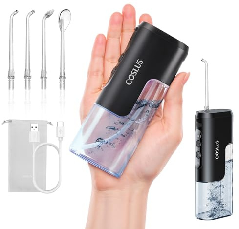 COSLUS Mini Water Flosser for Travel: Portable Compact Design - Removable Tank for Easy Cleaning - 4 Modes IPX7 Electric Flosser for Braces/Orthodontic/Sensitive Gums On-The-Go Use, Black(T40)
