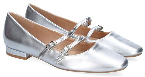 shoes&blues.es 92264 Zapato de Mujer Tipo Bailarina Francesita con Elegante Diseno y Doble Cierre de Hebilla con Punta Fina, Ideal para Llevar en Cualquier Ocasion. Plata Talla 40