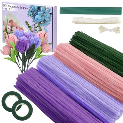 DGHOME 400pcs Pipe Cleaners for Craft Flowers, Pipe Cleaners for Tulip Bouquet, Fuzzy Sticks Craft Supplies for Flower DIY Craft Kit Gift, Chenille Stems Arts & Crafts with Tutorial (Violet)