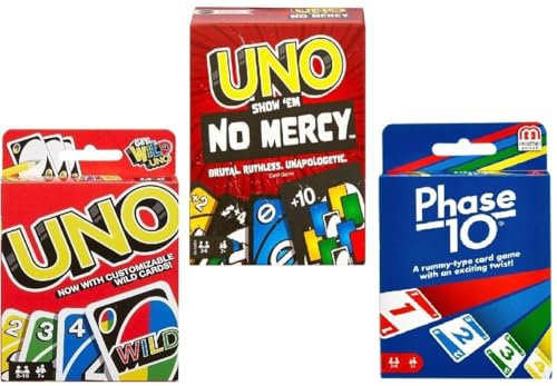 Mattel Uno No Mercy, Uno und Phase 10 Kartenspiel, Combo 3er Pack