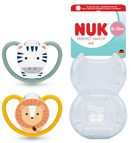 NUK Perfect Match Air nappflaskor för bebisar | 6-18 månader | Ortodontiska nappar som främjar luftflöde och förhindrar dregelutslag | 95% acceptans hos bebisar** | Lejon & Zebra | 2 stycken