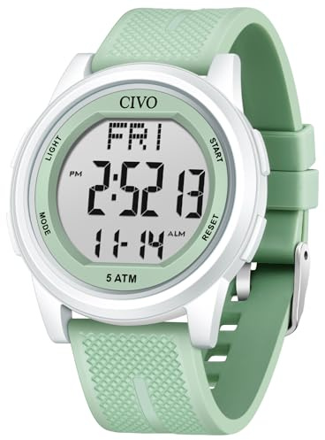 CIVO Orologio Uomo Donna Digitale: Sportivo Cronometro LED Impermeabile con Cinturino Silicone Verde per Outdoor Allenamento e Corsa