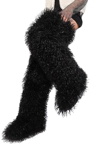 YXCFEWD Over the Knee Faux Fur Boots for Women 29 inchs Winter Thigh High Boots Fluffy Furry Snow Boots(Black,9)