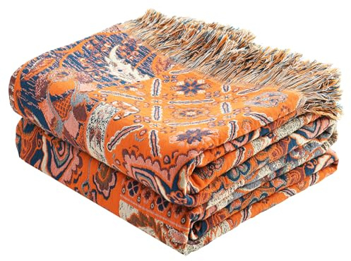 VANJOROY Stort sängfilt i 100 % ekologisk bomull, 230 x 250 cm, bohemisk dubbelsidig mjuk lyxig filt för soffa, fåtölj, och som överkast Orange.
