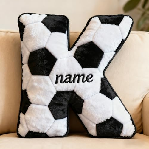 LCMAIT Cuscinello Personalizzato di Calcio con Nome, Cuscinello Personalizzato a Forma di Lettera, Regali di Calcio per Ragazzi Appassionato di Sport Camera Canapé Decorazione Natale