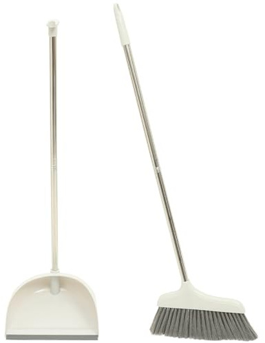 KICHOUSE Juego de Escoba Recogedor y Cubo de Fregona Beige, Set de Limpieza Hogar Cerdas Flexibles y Mango Largo para Cualquier Superficie