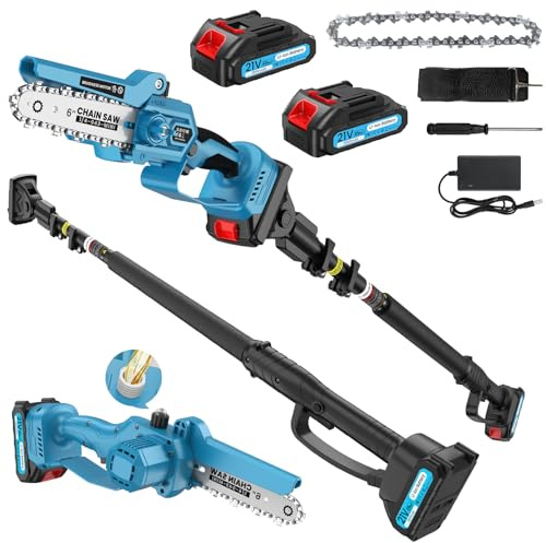 Mini motosierra con varilla telescópica, motosierra telescópica sin escobillas 2 en 1 de 6 pulgadas con 2 baterías de 2000 mAh, varilla telescópica de 1,6 m-2,8 m, hasta 5 m de altura de corte, para t