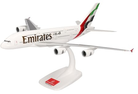 Herpa Snap-Fit modellflygplan Emirates Airbus A380, miniatyr i skala 1:250, samlarobjekt, modell med stativ, plast