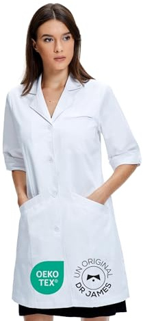 Dr. James Premium Blouse de laboratoire à manches courtes pour femmes, multiples poches, coupe classique, fermeture à pression dissimulée (32)