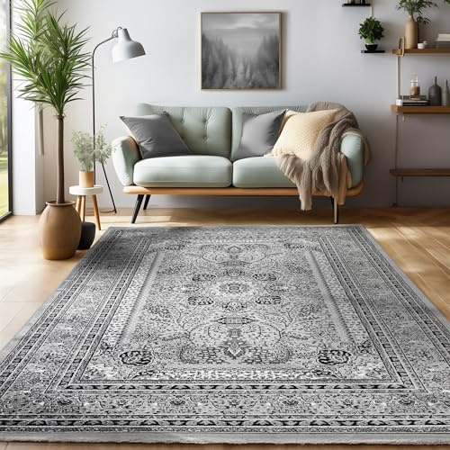 SIMPEX Orientalischer Teppich Wohnzimmer, Schlafzimmer, Esszimmer, Läufer, Flur Boho Teppich Kurzflor Weich 12 mm Carpet Orient, Grau, 80 x 150 cm