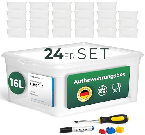 Novaliv 24x Aufbewahrungsboxen mit Deckel 16L transparente Boxen stapelbare Nestbar Storage boxes mit Clipverschluss Kunststoff BPA-frei 41x34x17 cm