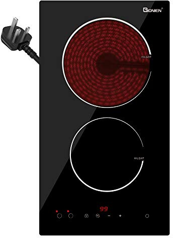 GIONIEN 30cm Ceramic Hob 2 Zone, 2 Rings Electric Cooker, Domino Portable Double Electric Hobs Built in a Worktop with 13Amp Plug, 2900W, GTM230TP