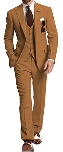 Slim Fit - Traje de 3 piezas para hombre, color marrón, chaqueta con solapa de pico y pantalones, chaleco de boda, traje de negocios, talla 40/34, marrón, 52