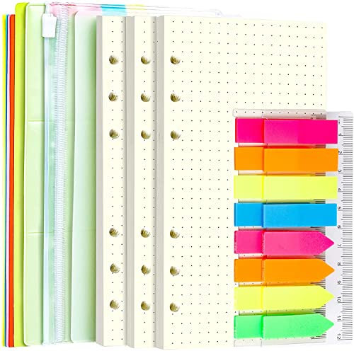 LEOBRO A6 Papier, 6 Löcher Nachfüllpapier Gepunktet 135 Blätter, Mit Register, 320 Stück Haftstreifen, 2 PCS Binder Taschen, Ringbuch Nachfüllpapier für Personal Organizer, Loseblatt Notizbuch