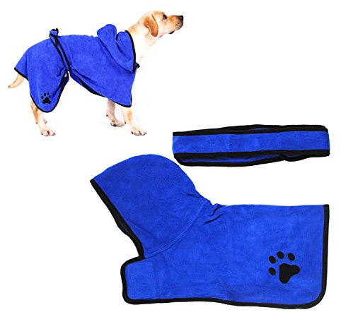 Andiker Hunde-Bademantel, super saugfähiges und schnell trocknendes Mikrofaser-Hundehandtuch mit Verstellbarer Kapuze, Bademantel, Katze, Hund, Badetuch (M, Blue)