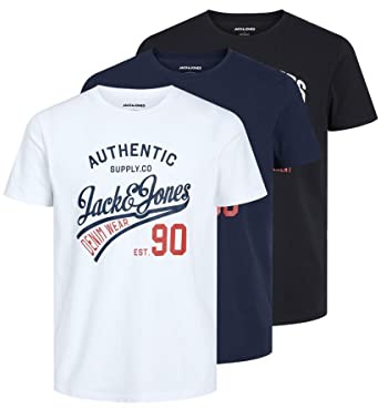 JACK & JONES Jjethan Tee SS Crew Neck 3pk MP Noos T-Shirt, Noir/Blanc/Bleu Marine, XXL Homme
