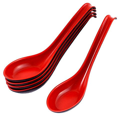 Lot de 6 cuillères à soupe chinoises à manche long Noir/rouge